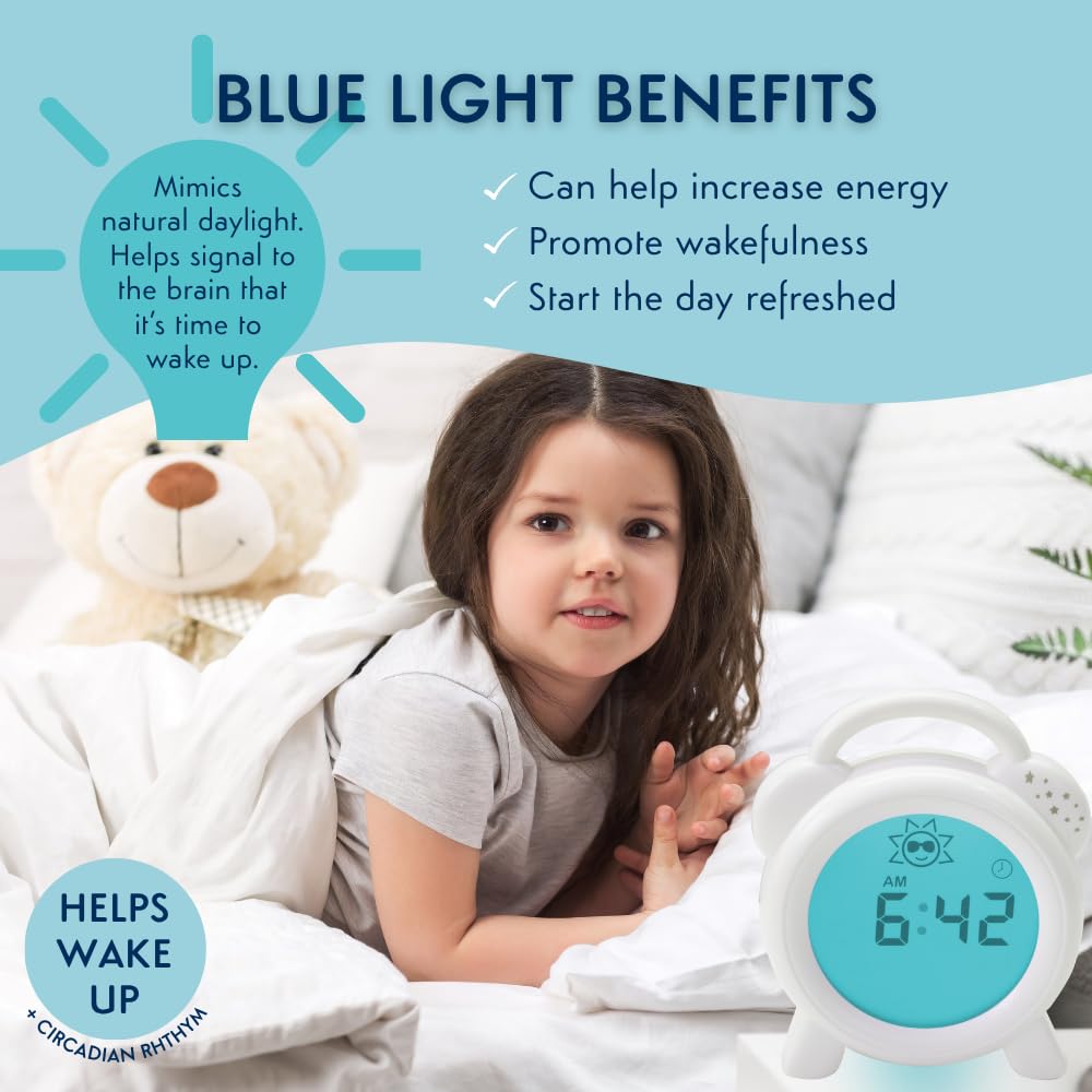 PurFlo NEW Snoozee Sleep Trainer Clock, Red and Blue Light Sleep Aid for Toddlers, Rechargeable Night Light with Alarm - Image 4