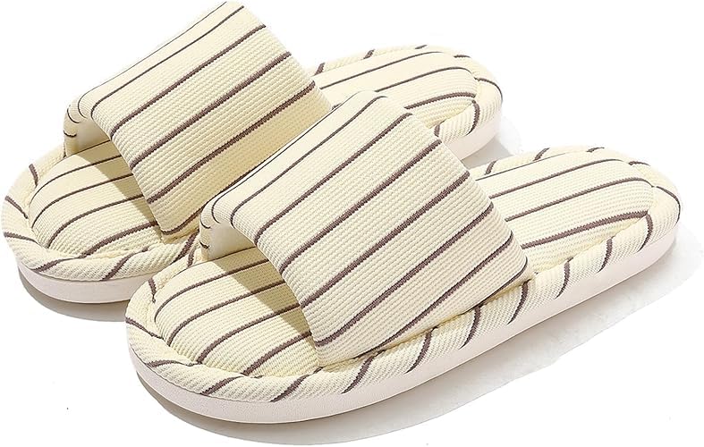 Striped Open Toe Slippers, Beige and Brown, Cotton Linen, Indoor House Shoes