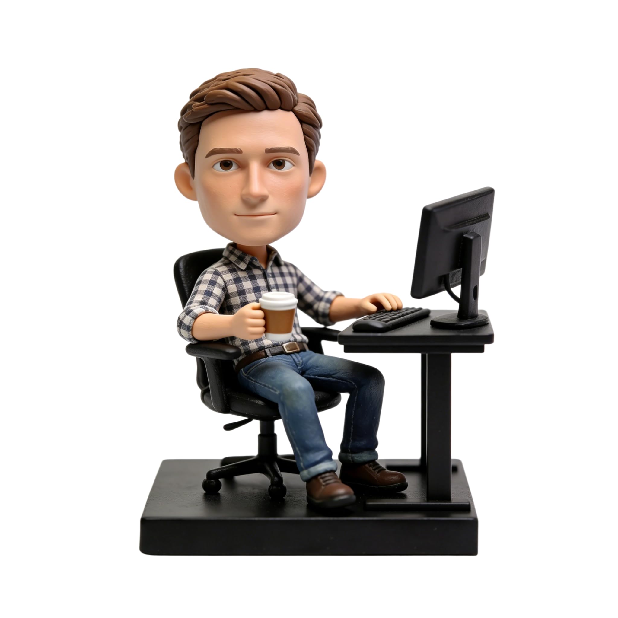 Bobblehead personalizzato per ufficio, statuetta 3D personalizzata da foto, statua in argilla polimerica fatta a mano, mini tazza da caffè da scrivania, decorazione da scrivania per compleanno