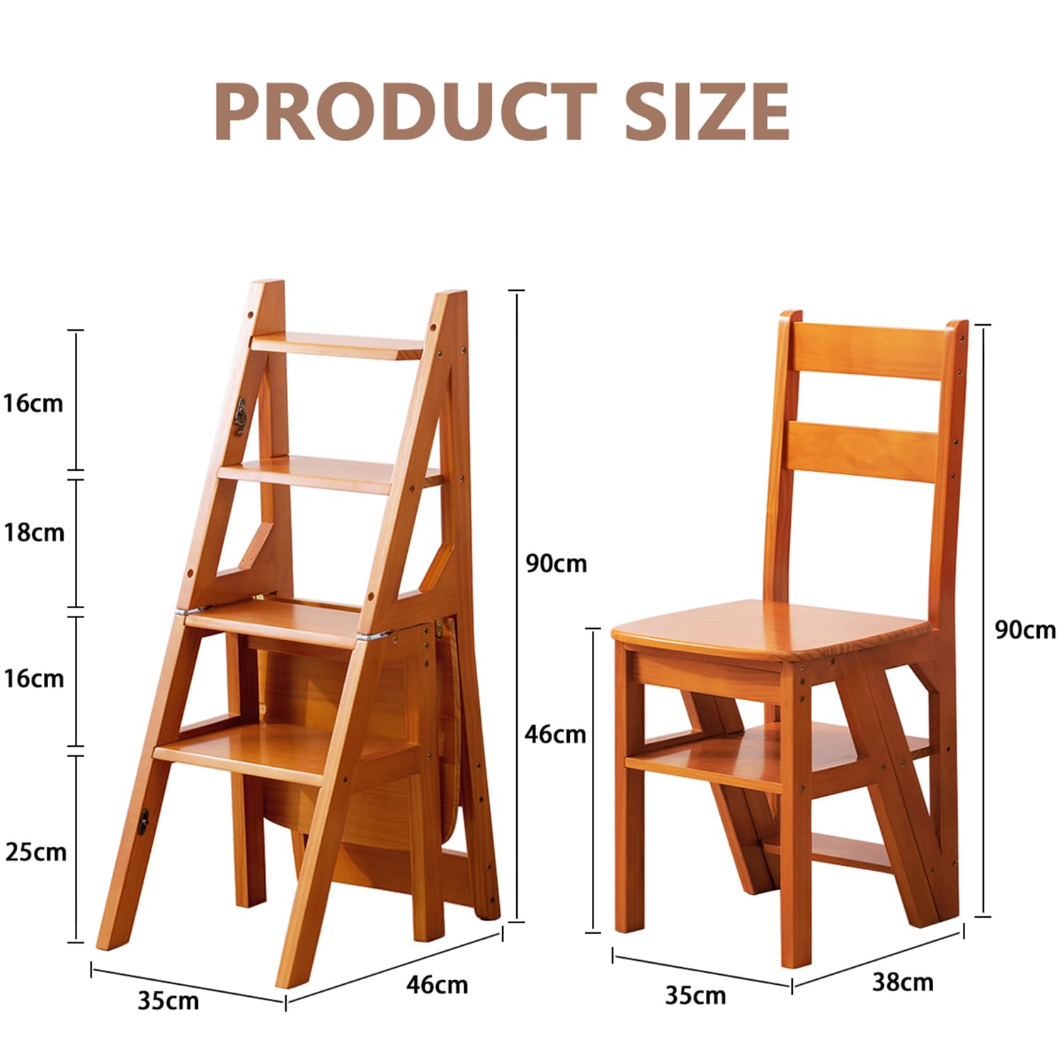 Sgabello a Scala Pieghevole 3-in-1 in Legno Massello, Sgabello Convertibile e Supporto Espositivo, Scala Multi-funzionale a 4 Ripiani, per Casa, Cucina, Biblioteca, Capacità 150kg (Marrone)