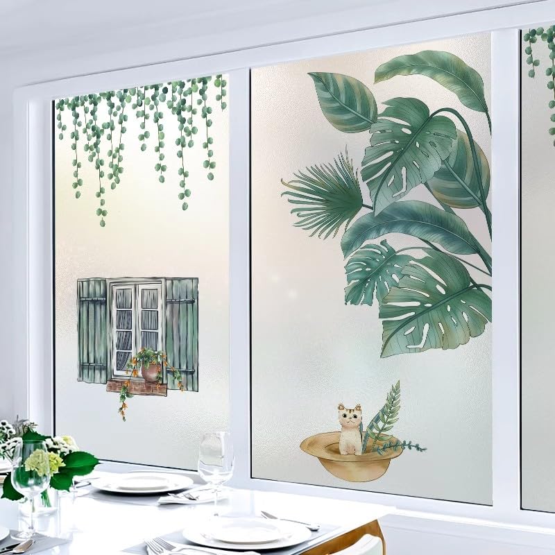 2 szt. Zielona folia witrażowa z motywem kota, zapewniająca prywatność, nieprzezroczysta, na okna, 50x90 cm