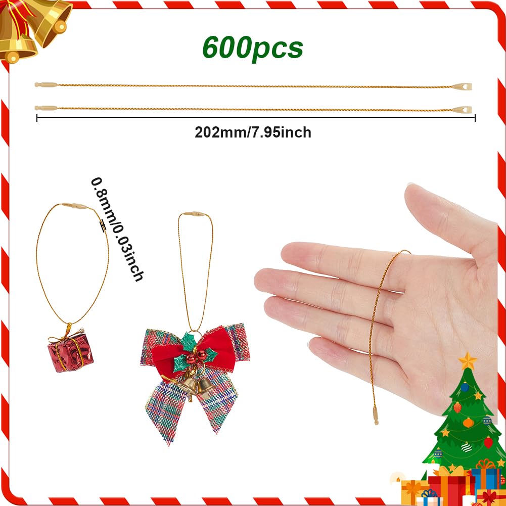 SOFPLATE 600Pcs Gold Ornament Hanger String Ornament Hanging Thread Short 202mm Precut Snap Fastener Polyester Cable Ties Wraps Wire Locking Rope for Christmas Tree Wall Party Hanging Decorations