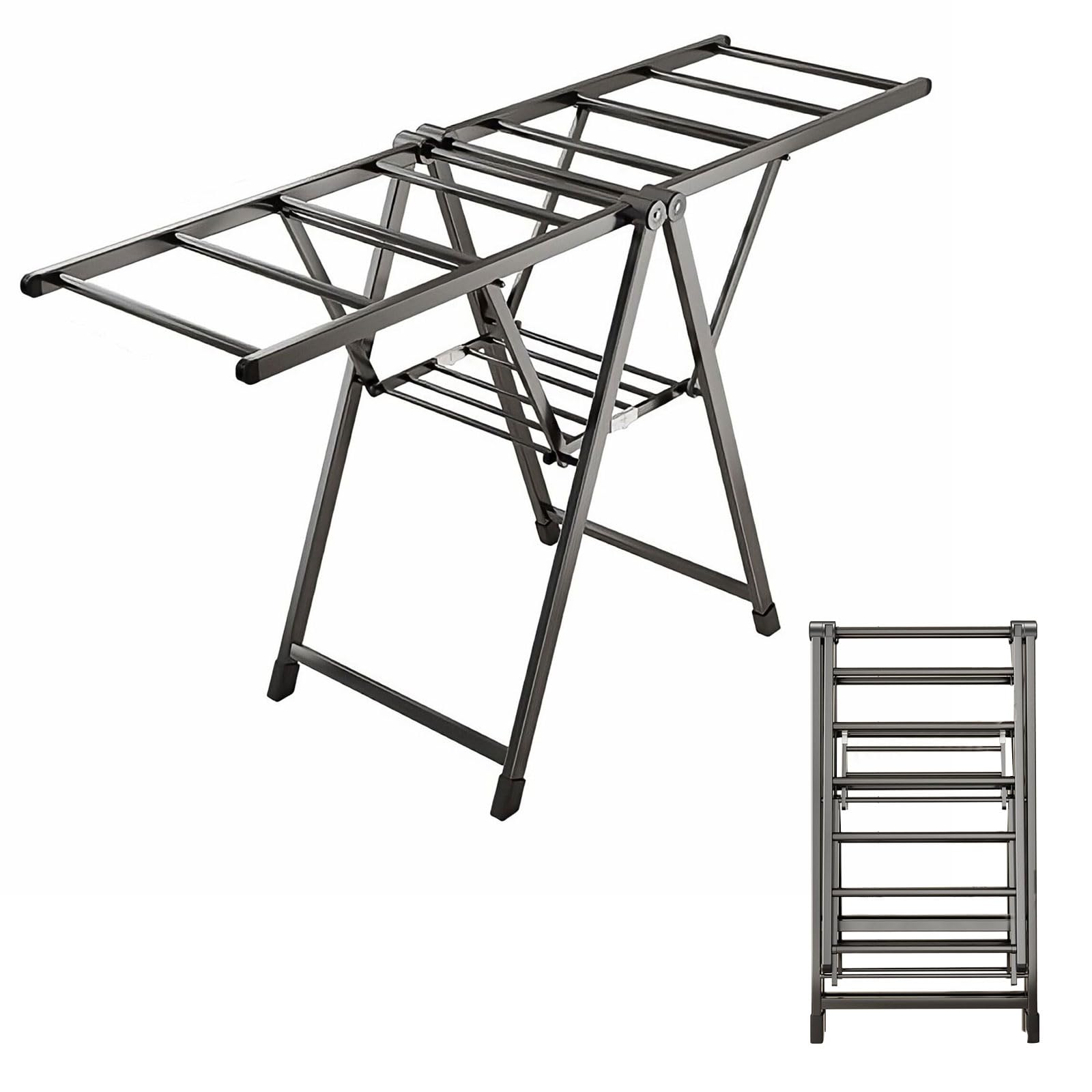 BCJMKDX folding clothes horse, Free-Standing Laundry Drying Rack, 18-Tier Foldable Clothes With Height-Adjustable Gullwings(Basic,140cm silver)