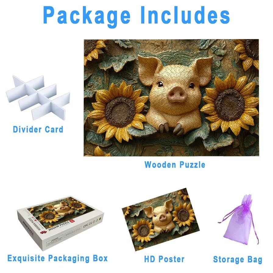 Puzzle 1500 Piezas, Puzzle Cerdo con Caja Regalo, Girasol Puzzles 1500 Piezas Adultos, Medidas: 87 x 57 cm, Rompecabezas Adultos de Madera, Rompecabezas Desafiante para Decoración Hogar y Pared, -5648