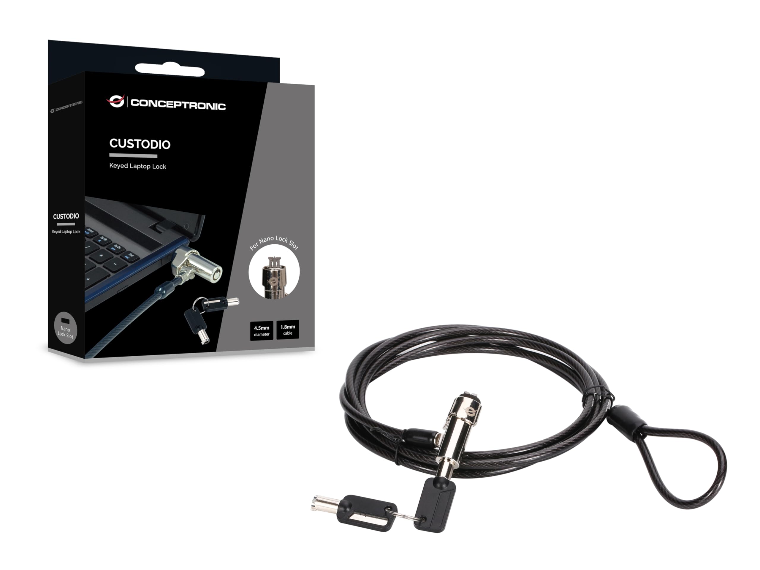 CONCEPTRONIC CUSTODIO02BN - Serratura per computer portatile con chiave, slot nano-​blocco, 1,​8 m