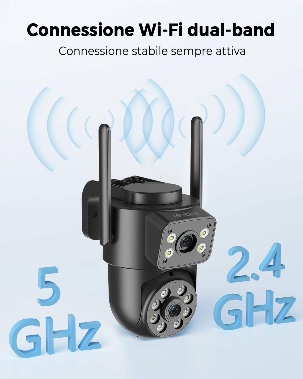 Reobiux 2K PTZ Telecamera Wi-Fi Esterno con Doppia Lente, 1 Pack | Visione Notturna, Risoluzione HD, Tracciamento Automatico, Allarme Sonoro e Luminoso, Impermeabile IP66, Tecnologia PTZ