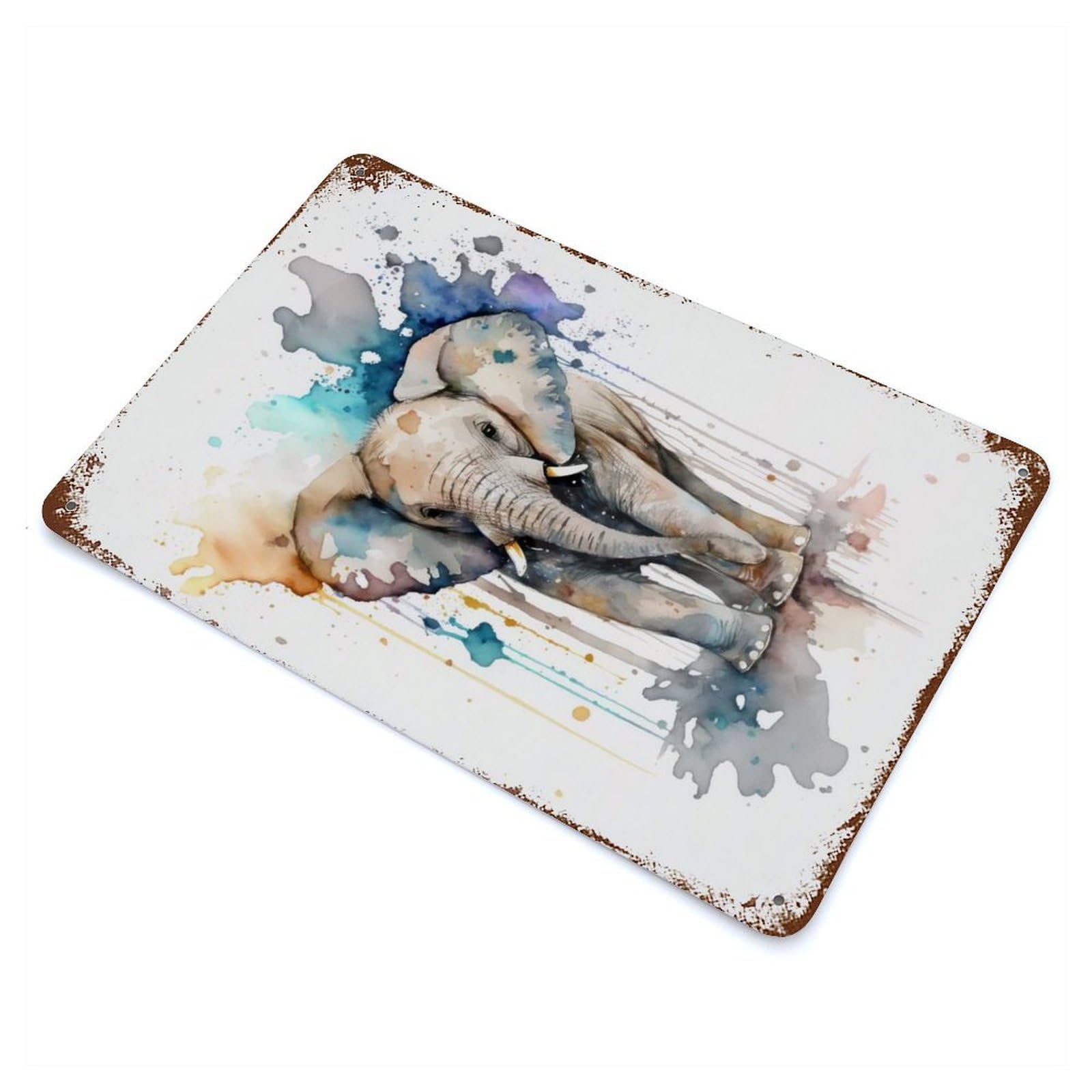 Baby Elephant Watercolor Aged Metal Wall Plaque 11.8"x7.9", Decorative Metal Wall Art for Garage, Pub Or Kitchen