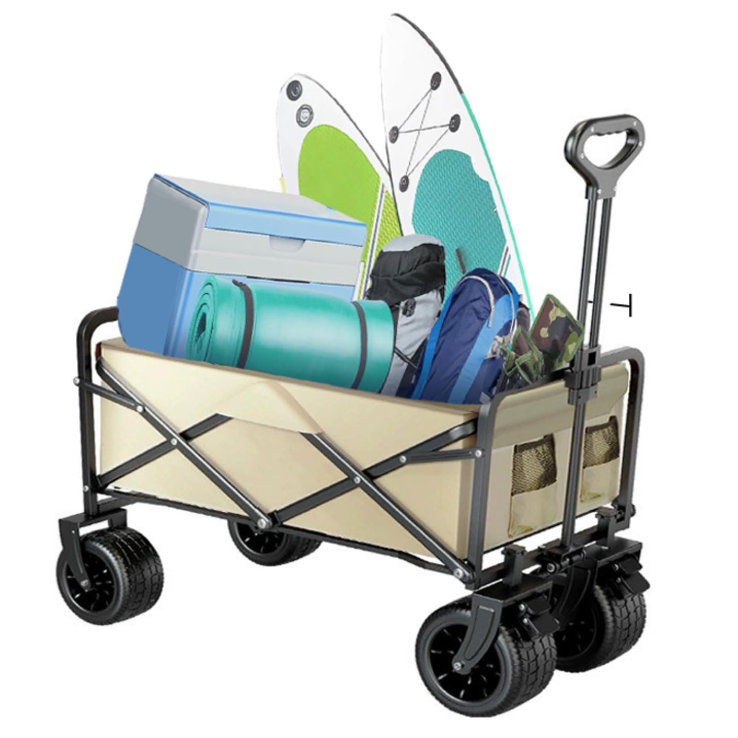Carrello Pieghevole Carrello da Giardino con 4 Ruote Rinforzate Carrello Pieghevole con Freni Maniglia Telescopica Portante di 200kg per Esterni Giardino Campeggio all'aperto 150L Nero