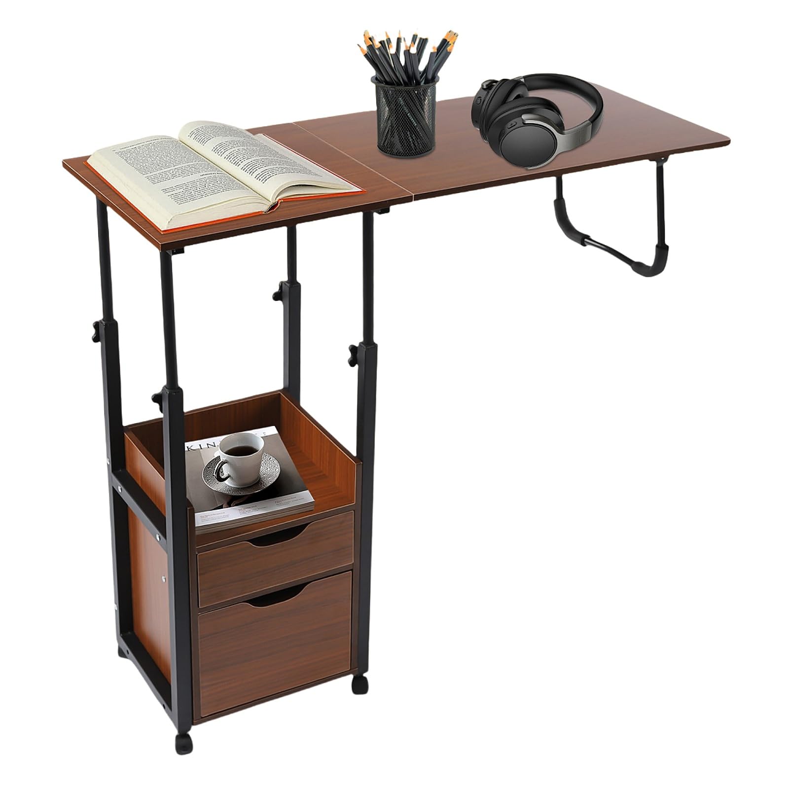 YIYIONCE Overbed Table with Storage 2 in 1 Foldable Overbed Table and Nightstand 100 x 40 cm Overbed Bedside Table Height Adjustable Rolling Overbed Desk for Bedrooms Apartments| US Stock (Oak)