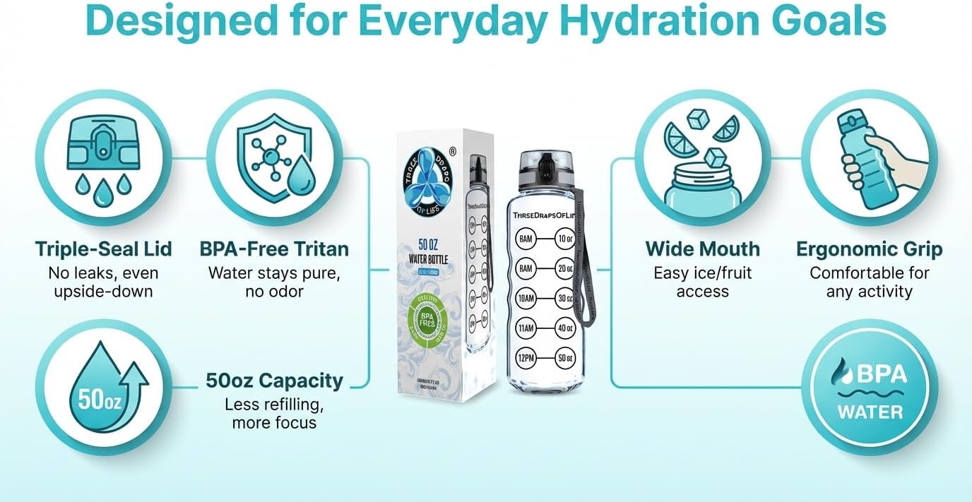 50oz Water Bottle Timer Reminder, Measuring Lines Container, Clear Tritan Plastic, BPA Free, Flip Top, Leak Proof Lid, Motivational Reminder Bottles, Reusable Time Markings for Drinking - Image 7