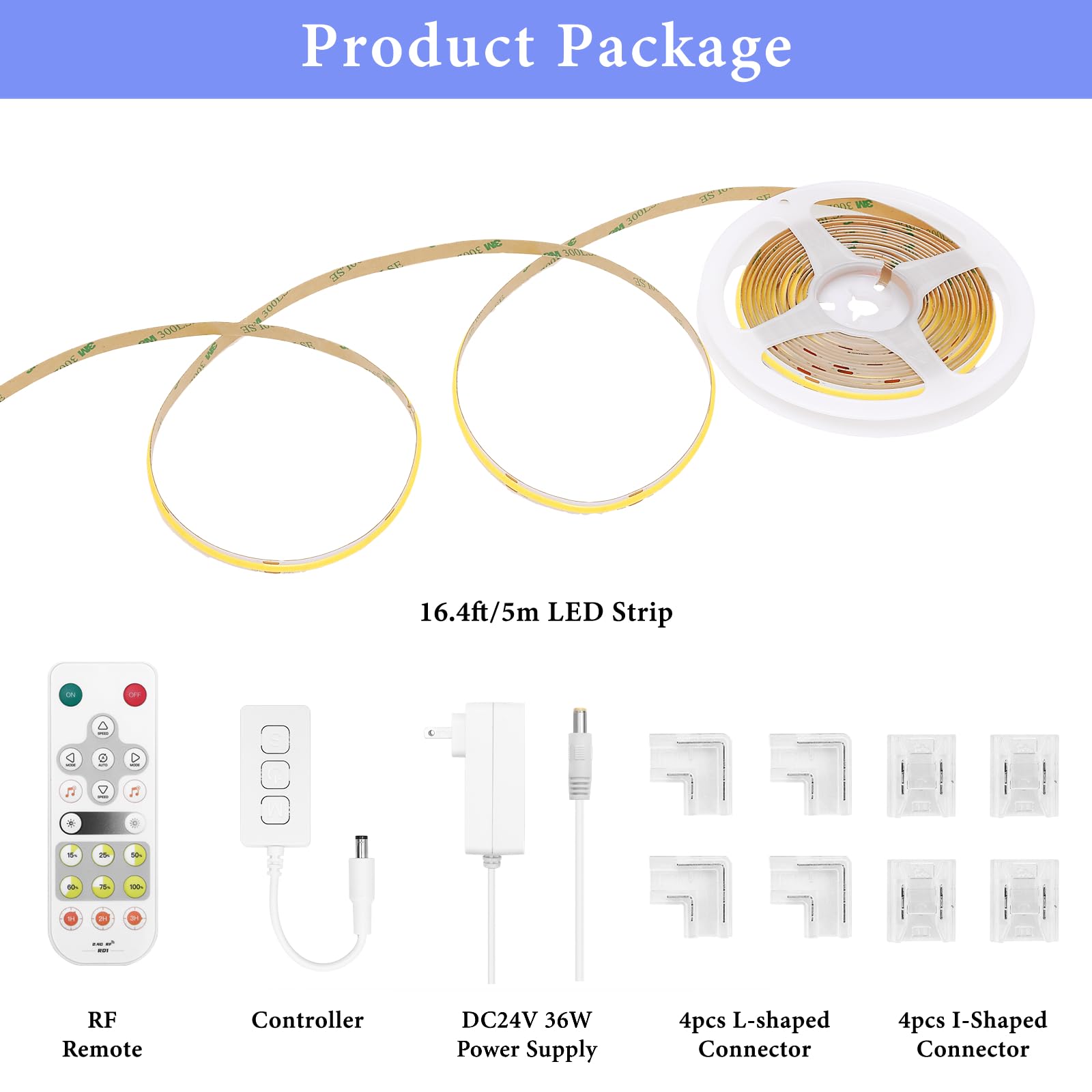 Kit de tiras LED COB de 5 metros regulable 2700 K blanco cálido 24 V/2400 LEDs/CRI90+ con 8 puertos funciona con Alexa/Google Assistant para dormitorio, TV, iluminación