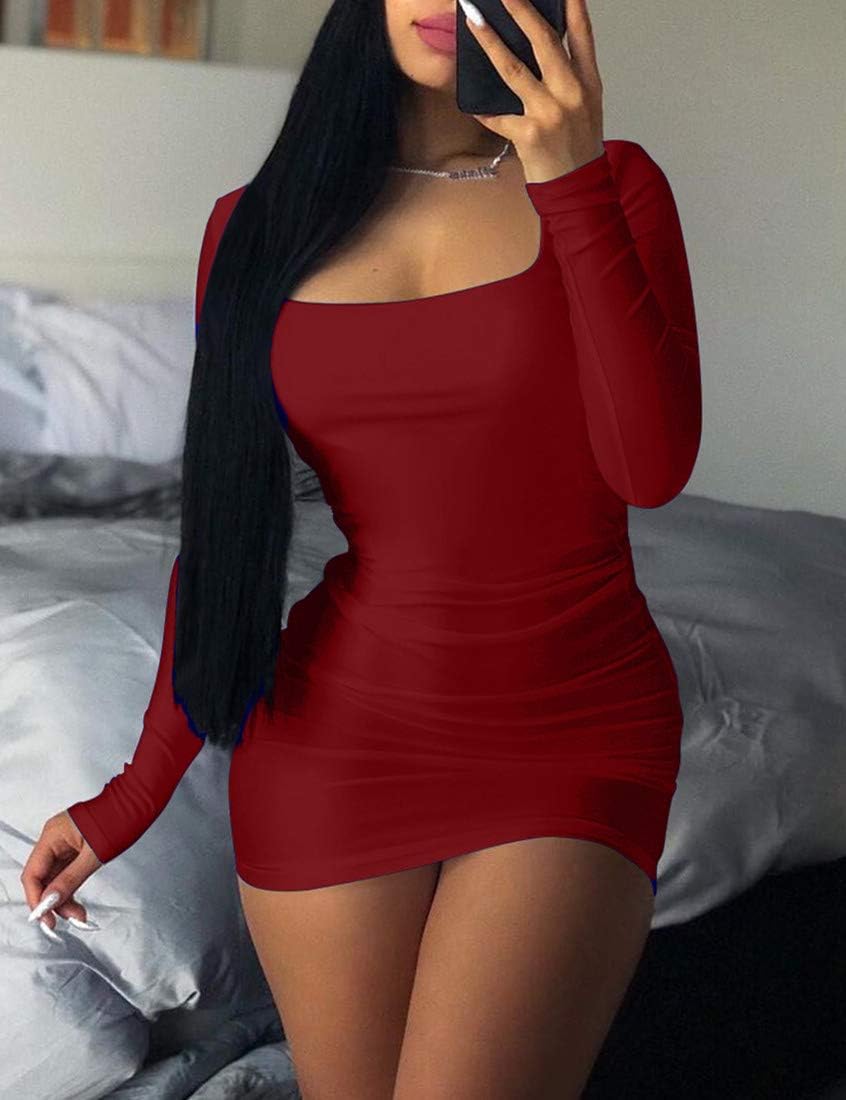 Kaximil Women's Sexy Bodycon Ruched Mini Club Dress Long Sleeve Basic Casual Dresses - Image 4
