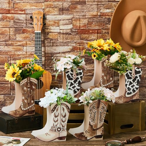 Image of 12 Set Western Boots Flower Boxes Centerpiece Boot Shape Gift Boxes Party Decoration Vase Centerpieces for Tables Boots Rodeo Birthday Baby Shower Supplies (Western,Cowboy Cow)