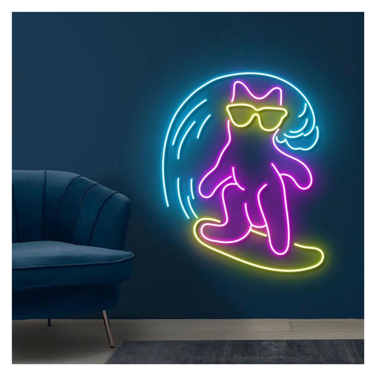 Decoración Lámparas Letrero De Neón Con Forma De Gato Surfista Luz Con Forma De Animal Para Amantes Del Surf Océano Habitación De Niños Dormitorio De Bebé 40cmx38cm(Segundo)
