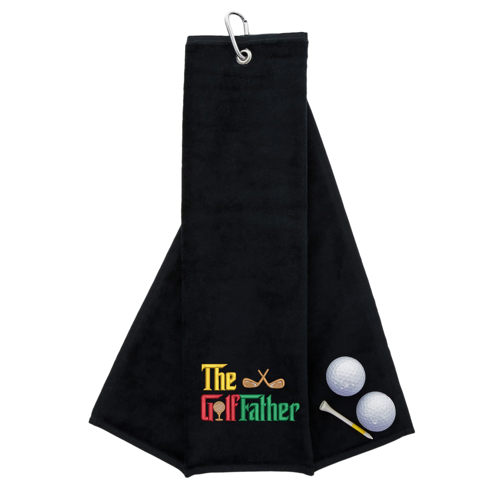 aztex Tri-Fold Golf Towel with Novelty 'The Golffather' Embroidery, Metal Carabiner Clip, Cotton Velour, 590gsm, Black