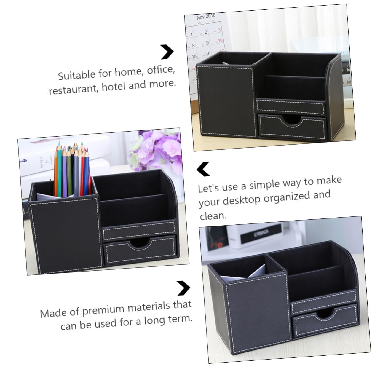 2 Piezas Organizador de Escritorio Multifuncional de PU Negro Soporte para Papelería de Oficina Caja de Almacenamiento para y Dormitorio Diseño y Duradero