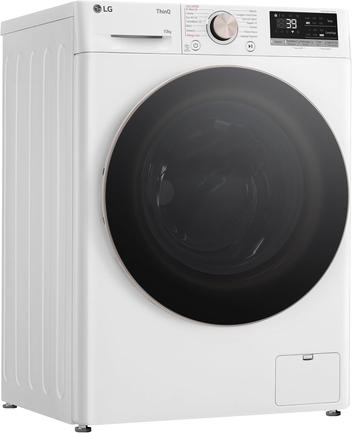 LG AI DD F4R7010TSWG Lavatrice 10 kg Classe A -10%, 1400 Giri, Carica Frontale con Oblò in Vetro Temperato, Funzione TurboWash 360, Vapore su 7 Programmi, Wi-Fi, Libera installazione, Serie R7, Bianca