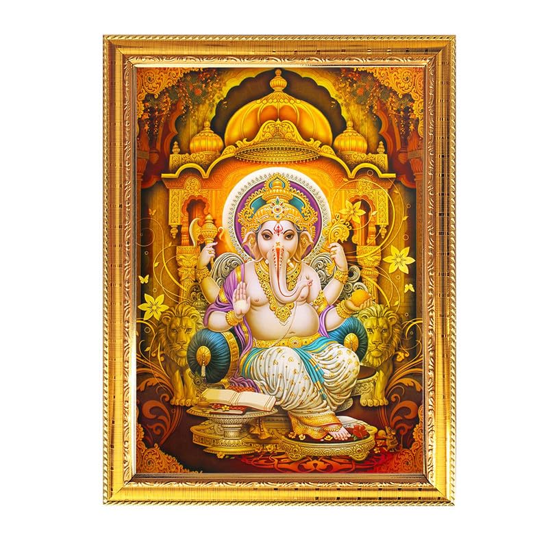 Fashnkart Lord Ganesh Ji Golden Photo Frame for Pooja Indian with a religious or spiritual theme Temple Puja Room Home Décor Worship 8.6 X 11