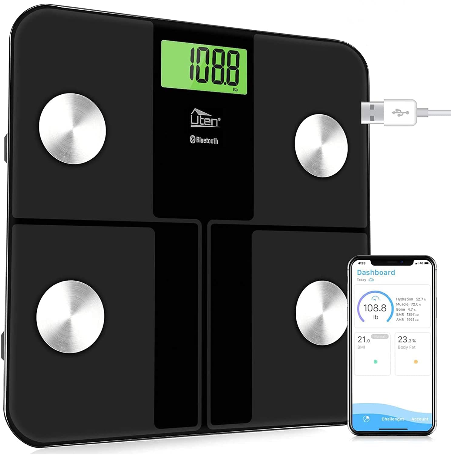 USB Rechargeable Body Fat Scales, Digital Weight Bathroom Scales, Bluetooth Body Fat Scales with Body Composition Analyzer, Smart app for Body Weight, Body Fat, BMI, 28st/180kg/400lb