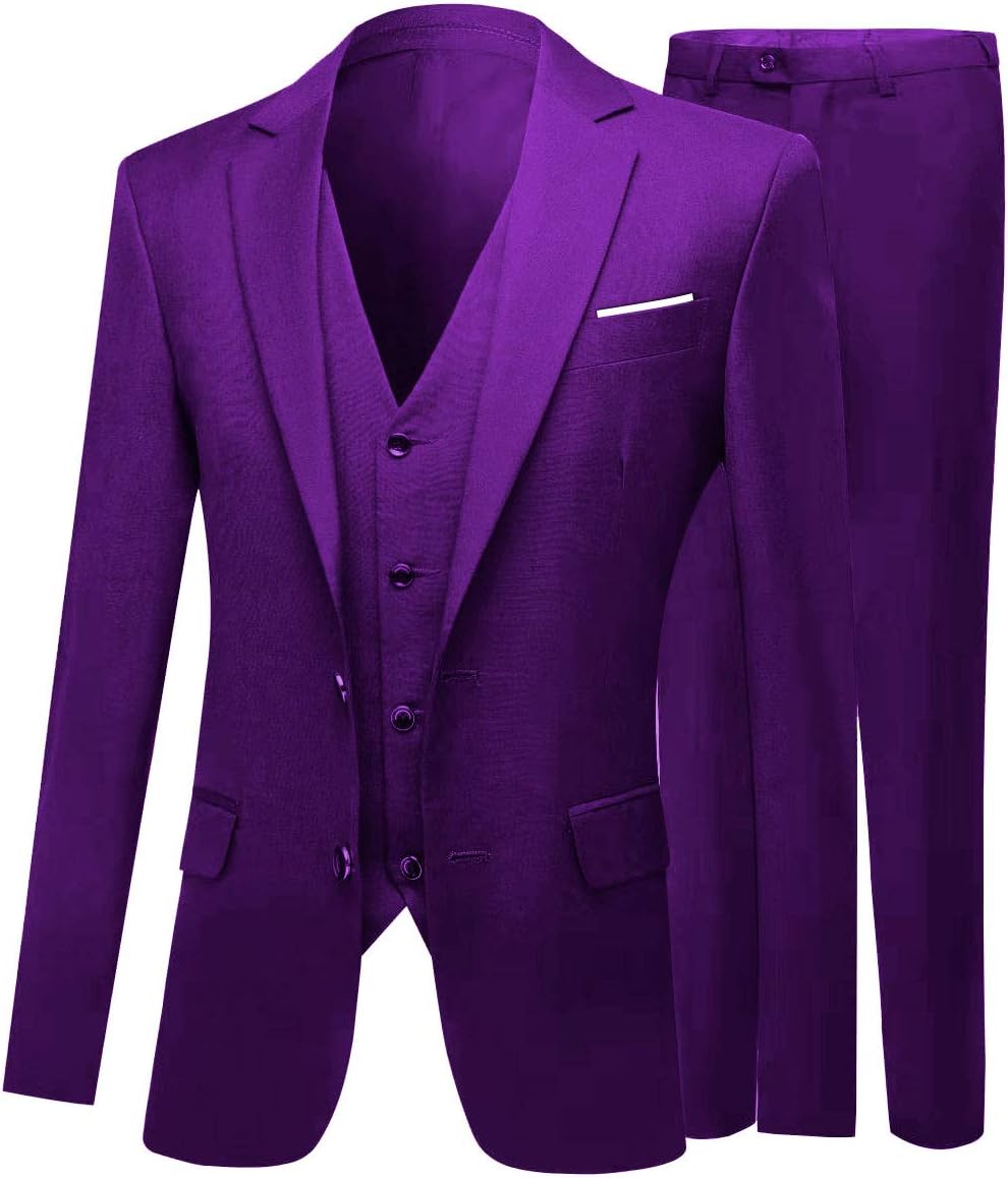 Men's 3 PC Peak Lapel Purple Suits Slim Fit Groom Tuxedos Wedding Suits Purple 36 Chest / 30 Waist