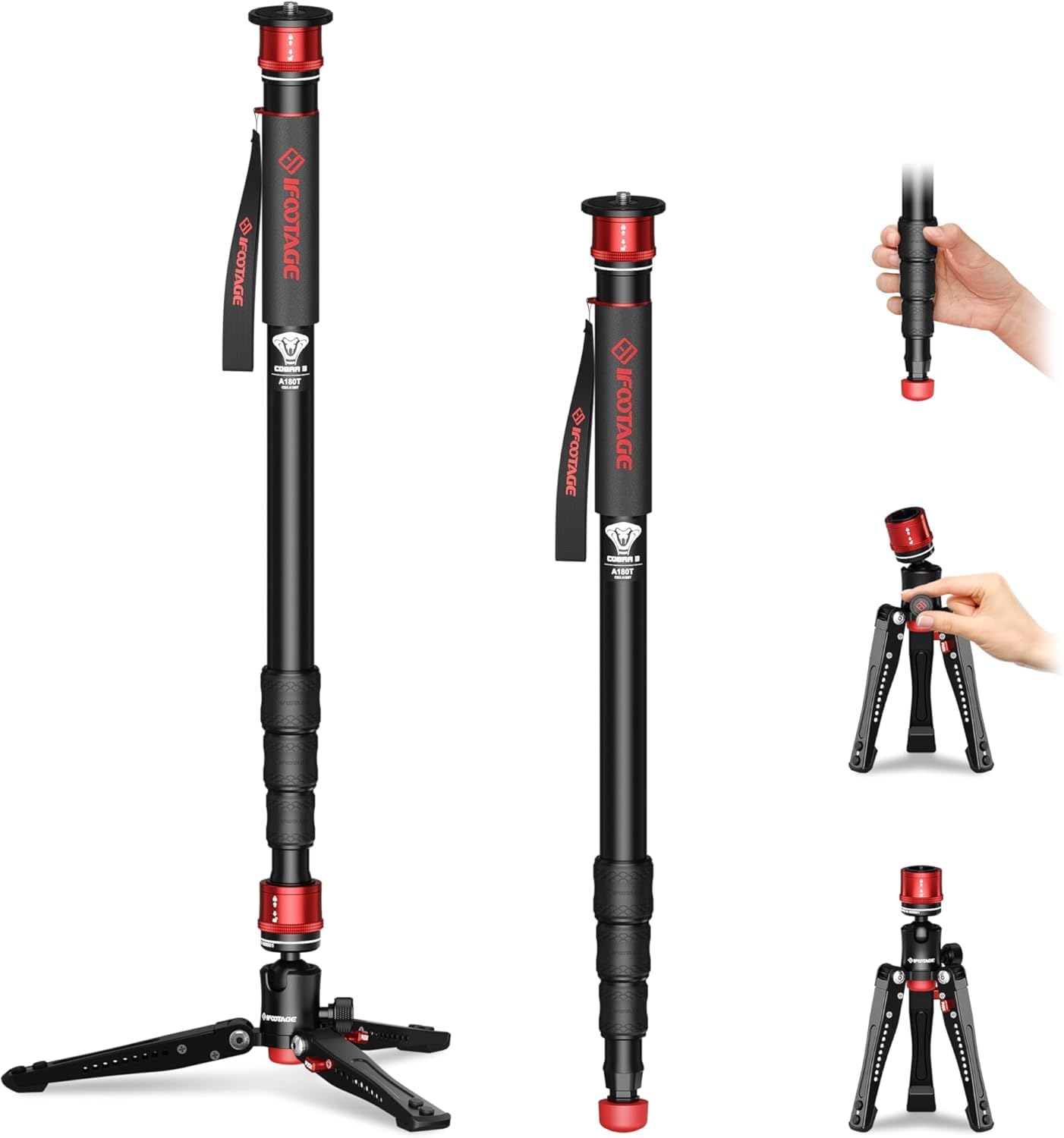 IFOOTAGE Cobra 3 A180T Fotografie-Kamera-Einbeinstativ mit Standfüßen, Drehverschluss-Design für monopod stativ mit abnehmbarem Stativfuß, Canon, Nikon, Sony, DSLR & Videokamera