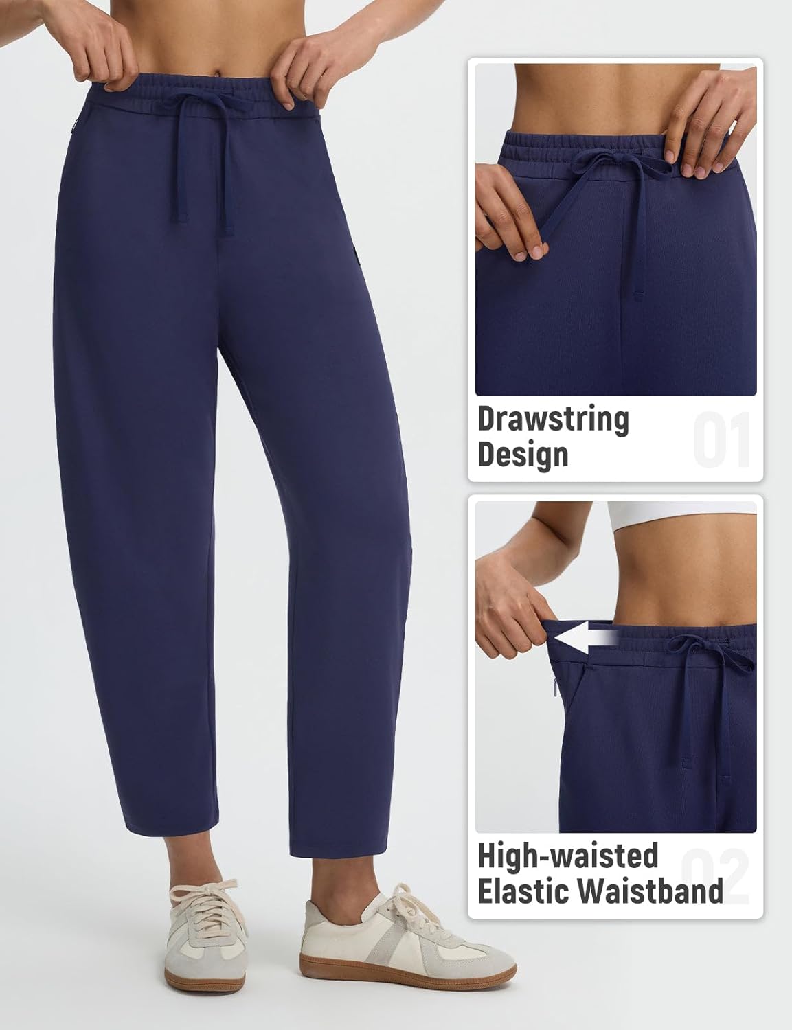 baleaf Womens Barrel Pants with Zipper Pockets Drawstring Athletic Pants Elastic Waisted Casual Lounge Work Travel