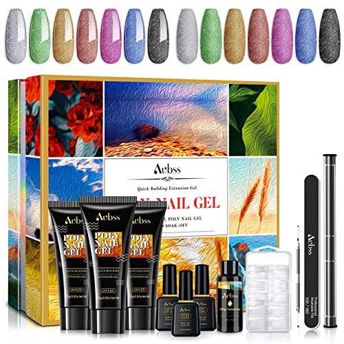 Poly Gel Nail Kit, Aubss 7 Colors Poly Nails Extension Gel Kit with 0.5Oz Glitter Poly Gel, Poly Nail Gel Kit Builder with Slip Solution, Nail Dual Form for Beginner All-in-One DIY Kit at Home