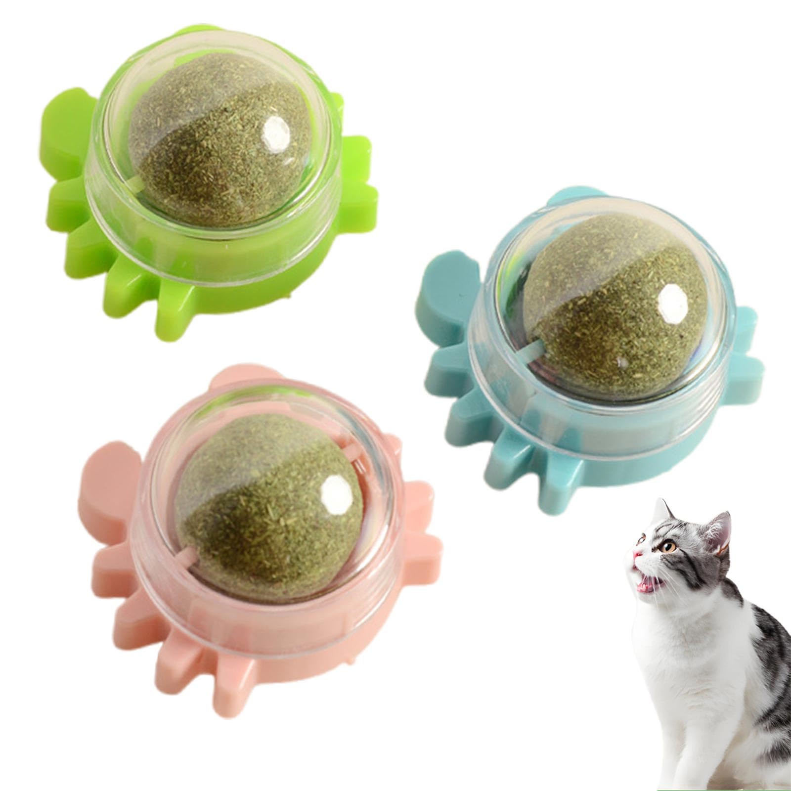 Catnip Balls Toy for Cat Wall Catnip Roller for Licking Teeth Cleaning Dental Edible Kitten Toy, Natural Rotating (Pink+Blue+Green)