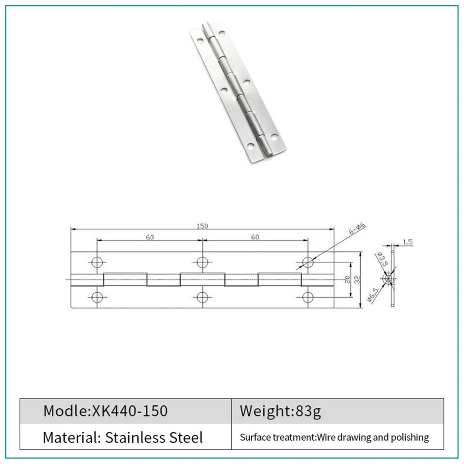 Bisagra de puerta de gabinete de Hardware de acero inoxidable, bisagra a tope de gabinete, longitud de 60mm/75mm/100mm/150mm(XK440-100)