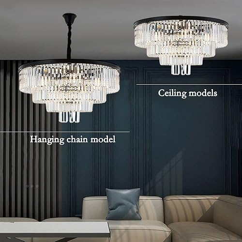 Miniatura 8 de Lámpara colgante de cristal de 32 pulgadas, moderna lámpara de araña de 4 niveles negra para sala de estar, vestíbulo, accesorios de iluminación