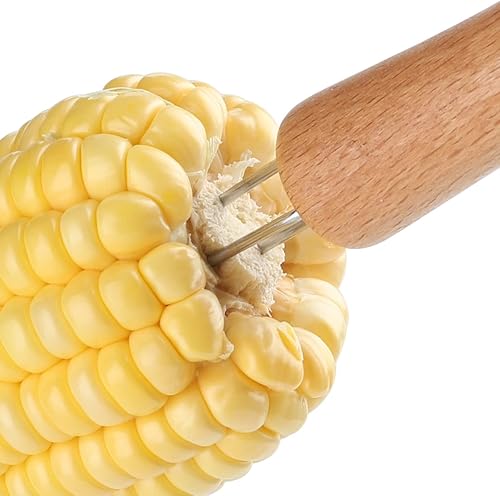Miniatura 5 de Juego de 10 soportes para mazorcas de maíz de acero inoxidable con mango de madera, tenedores de maíz para barbacoa, carne asada de maíz dulce