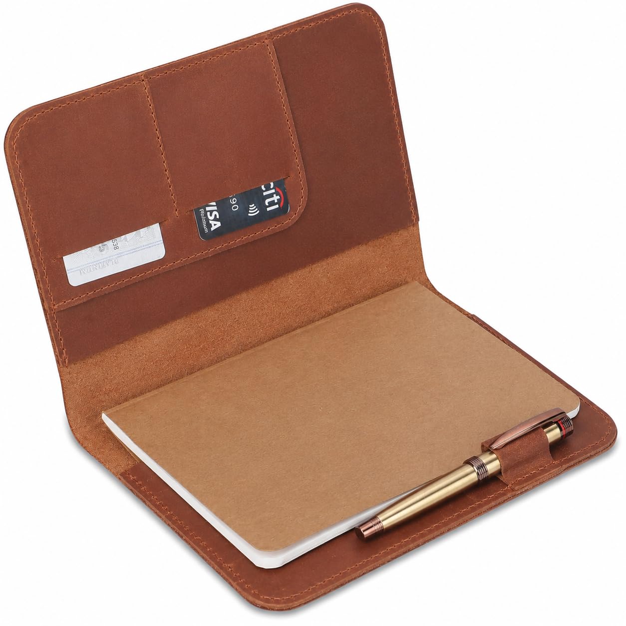 Funda para diario de piel de grano completo A5, rellenable, para cuaderno A5 (14,6 x 21 cm), con trabilla para bolígrafos, ranuras para tarjetas, tapa rellenable, color marrón | Funda de piel recargable hecha a mano para cuadernos tamaño mediano A5 de 14