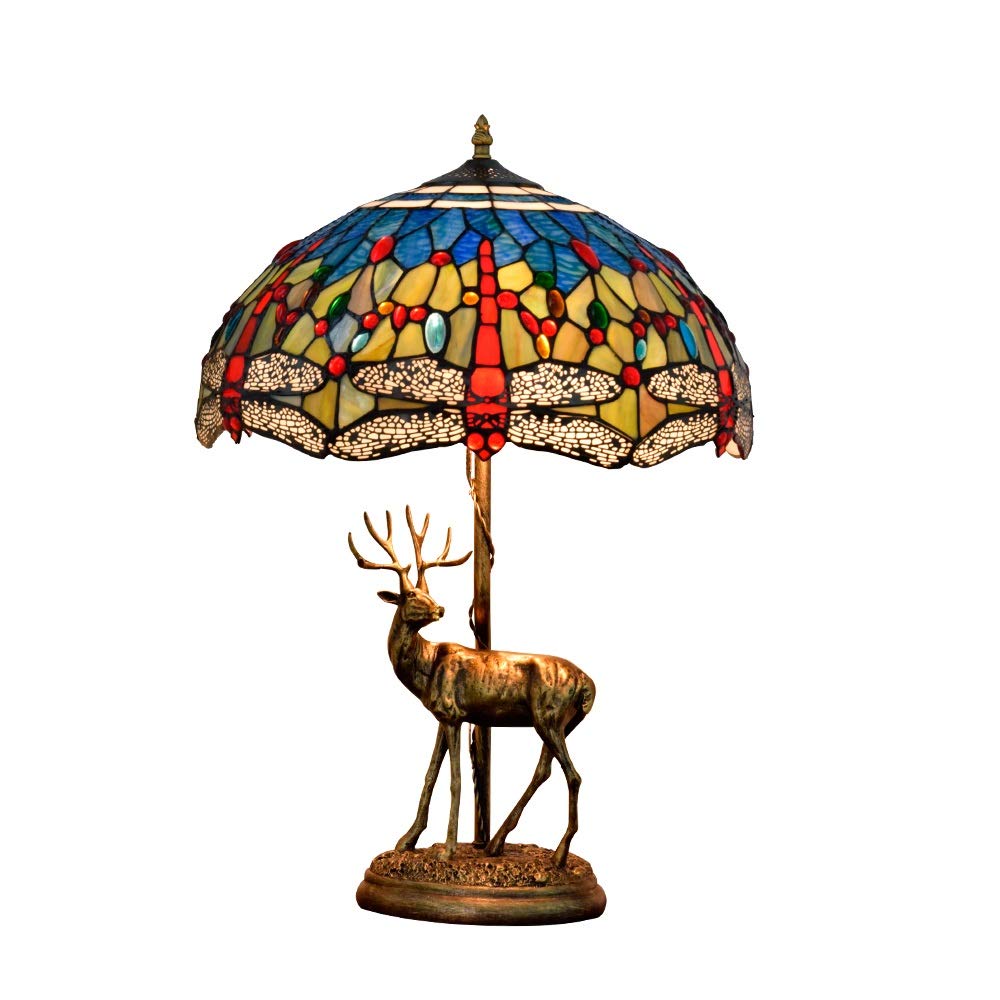 Aioneer 16 Inch Tiffany Stained Glass Table Lamp American Elk Blue Dragonfly Retro Tiffany Stained Glass Living Room Restaurant Bar Bedroom Bedside Table Lamp