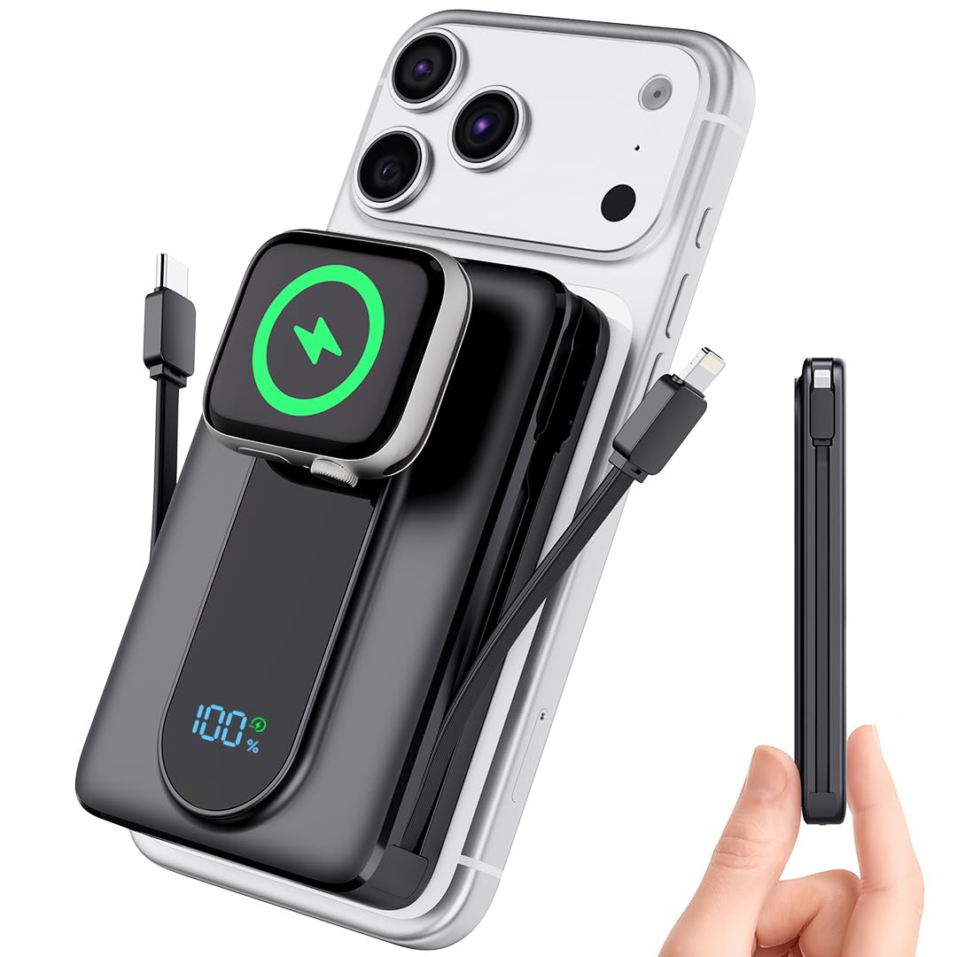 Cargador portátil magnético 10000mAh, Power Bank con cable integrado y cargador para Apple Watch | Carga rápida MagSafe de 20W, pantalla LED, esencial de viaje para iPhone 17-12 Pro