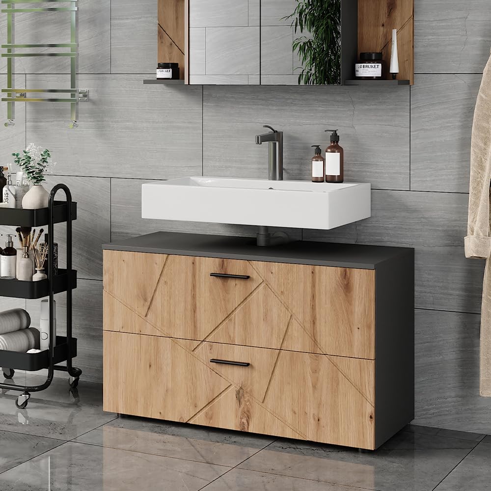 Vicco Meuble sous Vasque Irma, Anthracite/Chêne de Force doré, 100.1x60.6cm avec 2 tiroirs, Convient aux lavabos Standards avec découpe pour Siphon