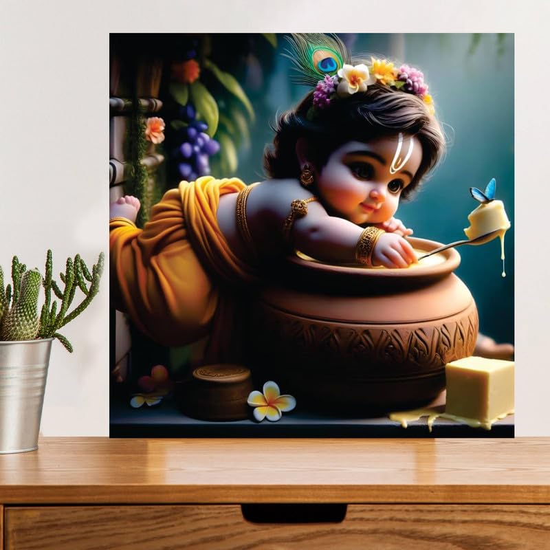 Image of British Terminal Cute little Bal Gopal Baby God Krishna| Kanha Ji | Laddu Lord Makhan Chor Painting Religious Poster for Pregnant Women for wall (matt thin vinyl,sticker,multicolor,unframed)| bj179