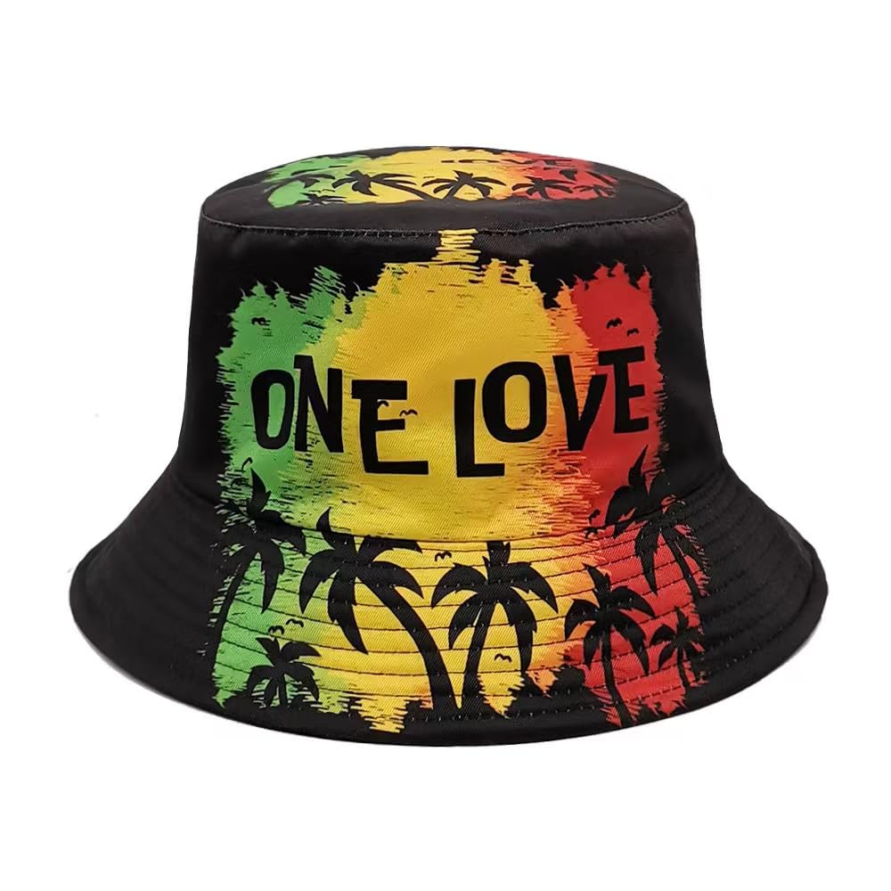 Dujunex One Love Music Reggae Rasta Bucket Hat Summer Travel Beach Sun Hats Outdoor Cap for Women Man