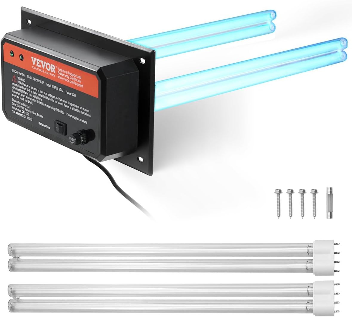 VEVOR HVAC Air Purifier Whole House, 72W 16inch, UV UVC Light in Duct for Ac (Air Conditioning) Duct, Air Scrubber with 2 Replacement Bulb, HVAC UV lights for Ac Systems