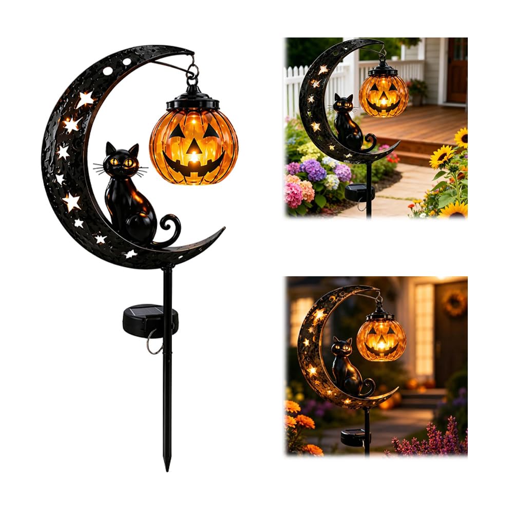 Solar Halloween Black Cat Moon Ground Stake Light, Pumpkin Hanging Solar Lantern Ornament, Weatherproof LED Night Lamp For Patio Lawn Autumn Garden Decor
