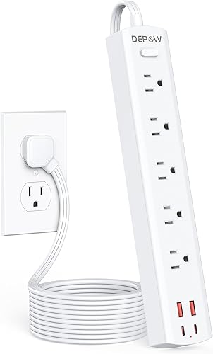 Regleta protectora contra sobretensiones con 5 salidas de CA (1625 W/13 A), 4 puertos USB (2 USB C), cable de extensión ultrafino de 5 pies, enchufe