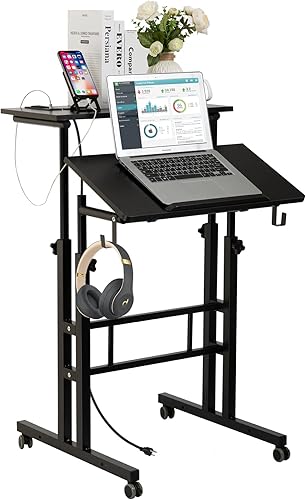 Miniatura 1 de SIDUCAL Escritorio móvil de pie, escritorio ajustable para laptop con ruedas, estación de trabajo de oficina en casa con puertos USB y