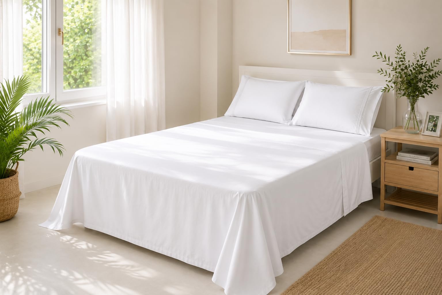 Jomy Juego de sabanas 150 x 190/200 cm Algodon de 300 Hilos Blanco Juego Cama sábana encimera + sábana Bajera Ajustable + 2 Fundas de Almohada 50 x 75 cm 100% Algodon Blanco