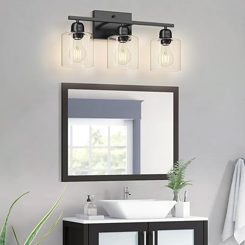 Miniatura 7 de Modernas lámparas de baño de 3 luces, 19 pulgadas negras para baño con vidrio transparente, accesorios de iluminación de baño sobre espejo para