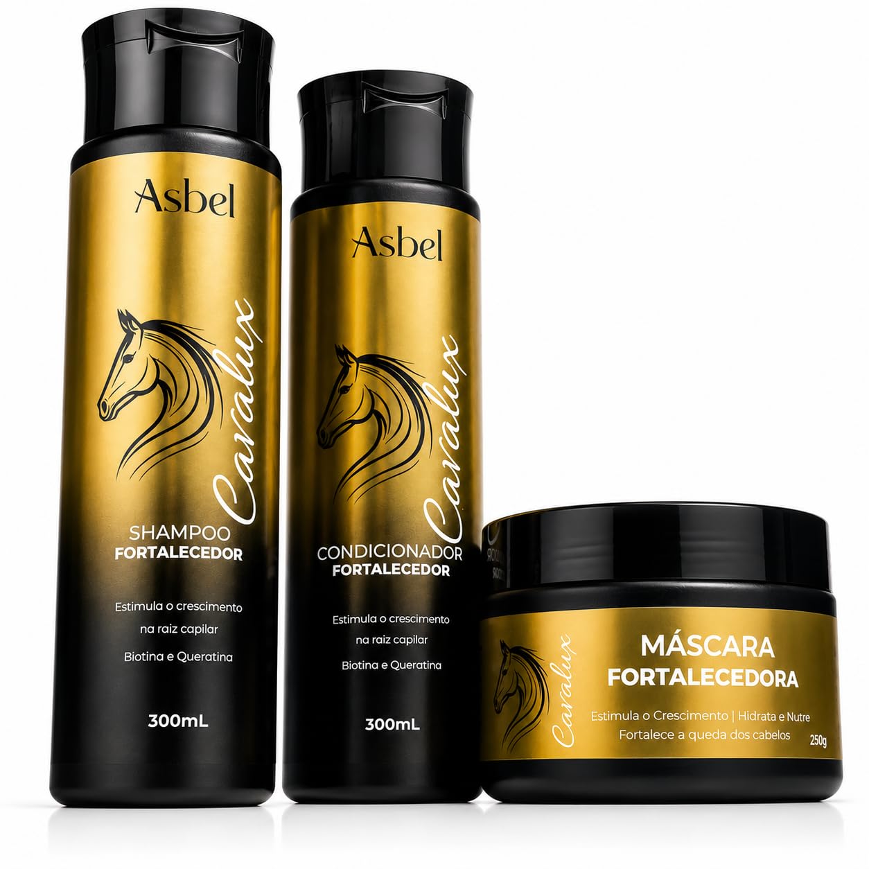 Kit Shampoo, Condicionador e Máscara 300ml-Cavalux Asbel| Crescimento Capilar Acelerado, Anti Queda com Biotina e Queratina | Tratamento Profissional e Brilho Espelhado