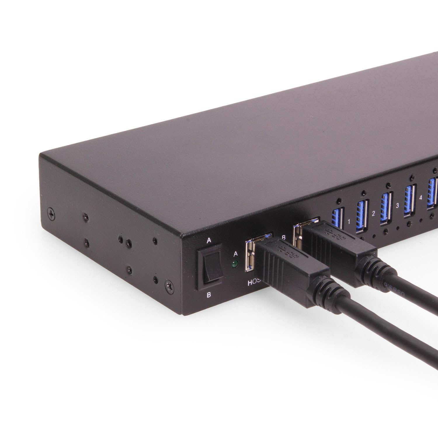 Gearmo Hub USB de montaje en rack de 16 puertos, puertos USB 3.0 tipo A, puertos dobles ascendentes, velocidad de 5 Gbps, protección contra sobretensiones ESD, concentrador USB industrial de 1U