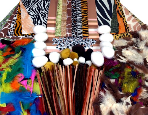 Animal - artículos de artesanía temático paquete Safari - Papel, plumas, pompones, Safari sentí tisular, ojos saltones, limpiadores de pipa, poliestireno huevos y papel de construcción