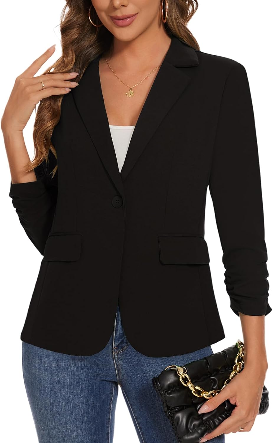 Women's Casual Single Button Front Blazer Ruched 3/4 Sleeve Notched Lapel Office Lightweight Blazers with Pockets - Image 4