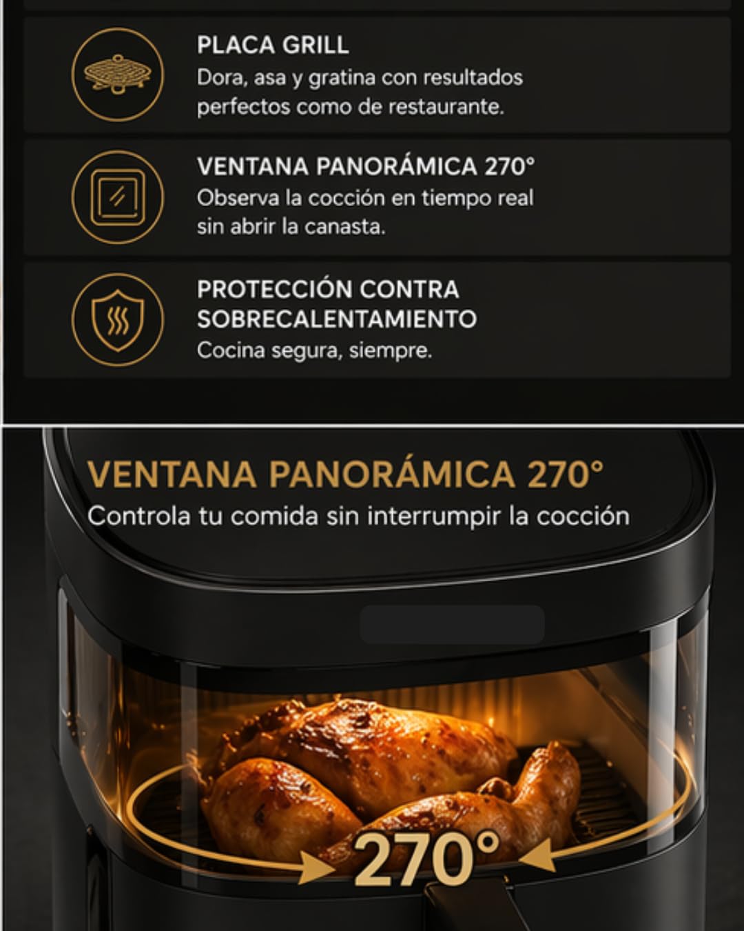 Freidora de Aire 6 Litros 1700W - Digital con Panel Táctil - Tecnología 360° - Temperatura Ajustable 80°-200°C - Temporizador 60 Min - Cocina Rápida