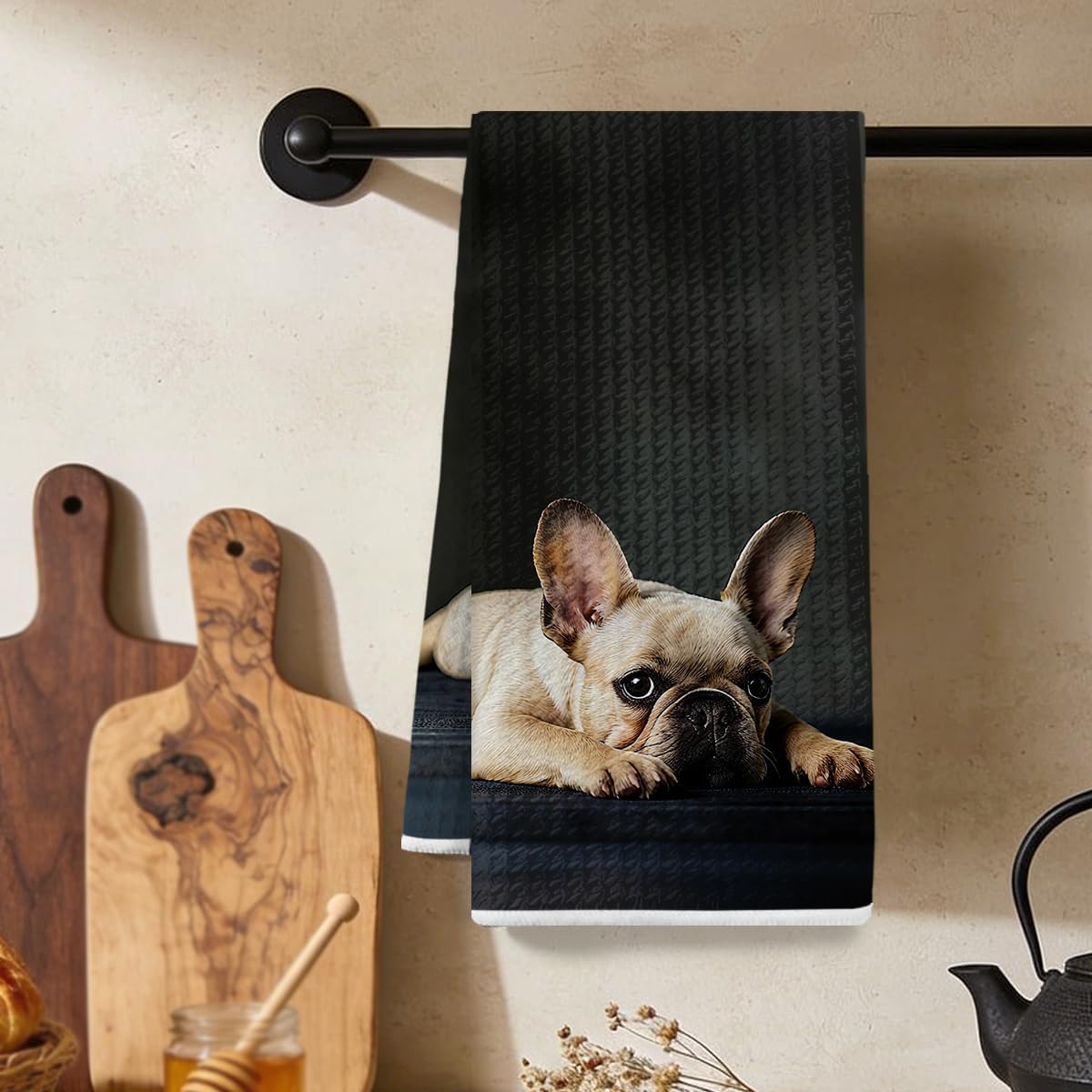 Cute French Bulldog Kitchen Towels, Absorbent Microfiber Decorative Dish Cloth Tea Towel, Waffle Hand Towels for Kitchen Home Bathroom, Dog Lover Gifts