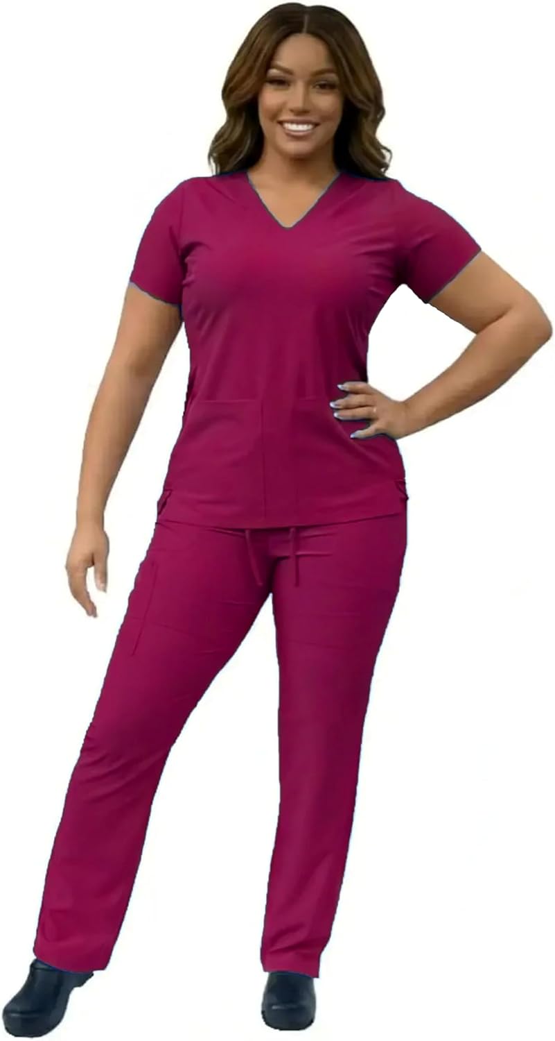 ANGIE UNIFORMS YOGAFLEX - TALL & PETITE. Soft & Stretchy Scrub Set for Women. 2-Pocket Top and 5 Pocket Pants. Modern Fit.